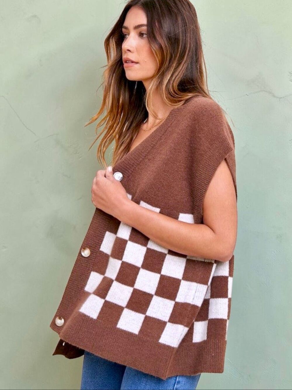 Annie Wear Brown Checkerboard Sweater Vest Button Front Knit Cardigan NEW - Picture 7 of 15